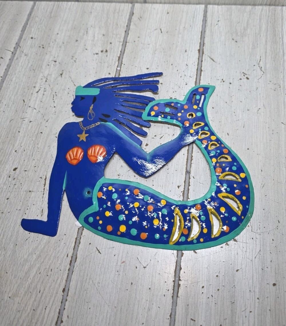 Swimming Mermaid Metal Wall Art Blue Teal 9" Nautical Mythical Beach House